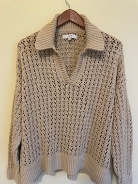 LOFT Open-Knit Beige V-Neck Collared Sweater